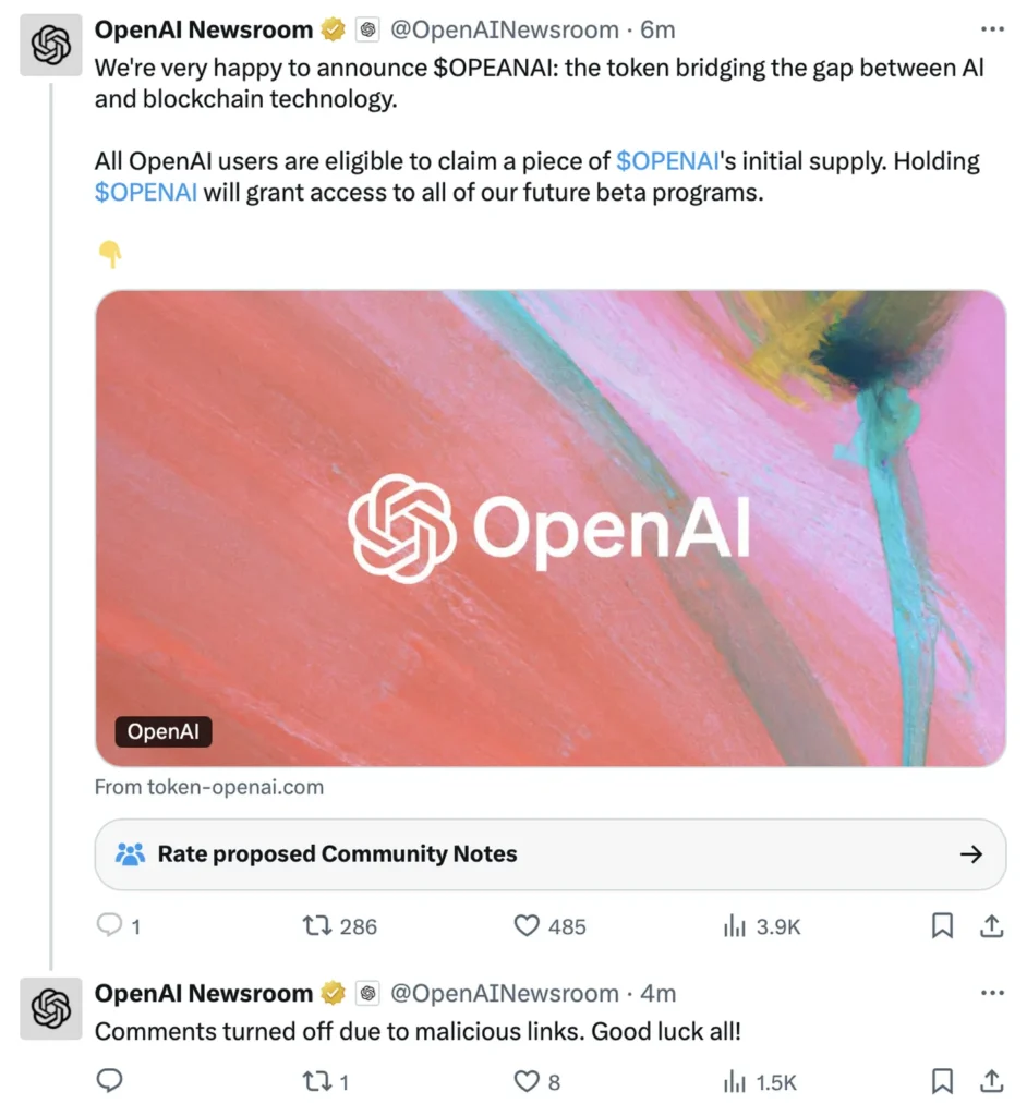 تم الاستيلاء على حساب OpenAI الرسمي على منصة إكس لترويج عملية إحتيال بالعملات المشفرة